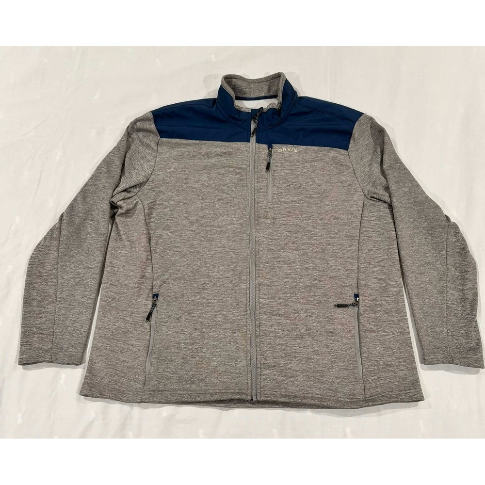 Orvis Mens XXL Full Zip Jacket Grey Navy Blue Colorblock Performance Mock Neck
